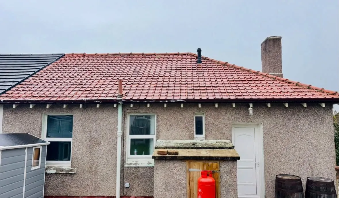 The same roof after a soft wash and treatment, tiles clean and red again